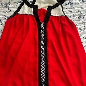 Red & Black Sleeveless V-Neck Tunic with Embroidered Trim